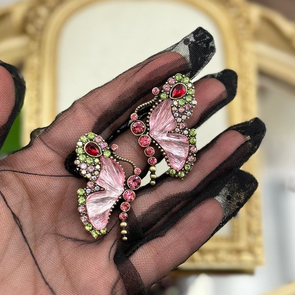 Vintage Butterfly Statement Earrings - Pink, Green & Red Crystal Accents - Picture 1 of 8